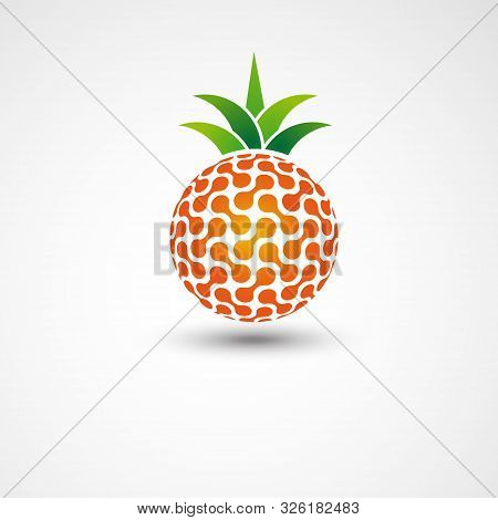 Technical Pineapple Vector Logo Design Template. 3d Effect With Shadow. Orange And Green Colour.