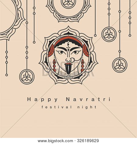 Vector Illustration Of Happy Navratri Greeting Card Design With Decorative Durga Face In Mandala Cir