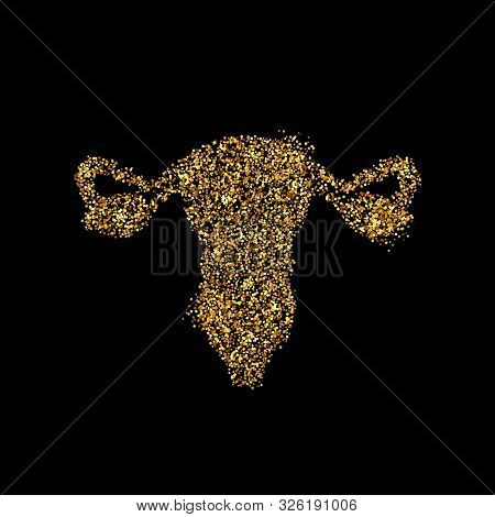 Gold Glitter Icon Of Vulva Isolated On Background. Art Creative Concept Illustration For Web, Glow L