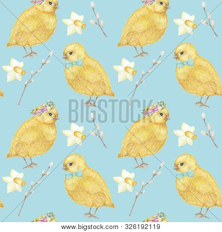 Easter Seamless Pattern Watercolor Hand Drawn Of Yellow Chiken, Spring Flowers, Willow, Bow. Colorfu