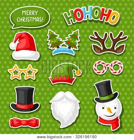 Set Of Merry Christmas Photo Booth Stickers. Accessories For Festival And Party.