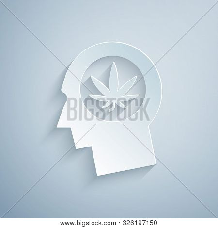 Paper Cut Silhouette Of Male Head In Profile With Marijuana Or Cannabis Leaf Icon Isolated On Grey B