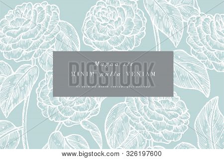 Vintage Card With Camelia Flowers. Floral Wreath. Flower Frame For Flowershop With Label Designs. Su