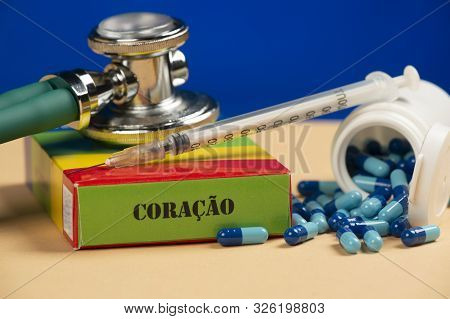 Fake Medicine Box With The Name Of The Disease Coracao And A Glucometer