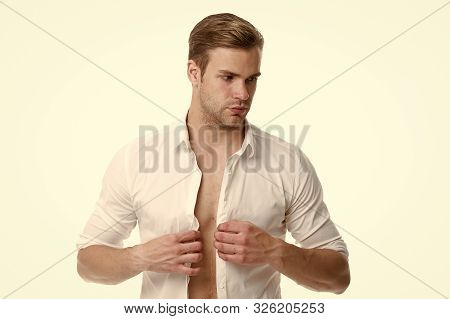 Working Dress Code. White Collar Worker. Man Well Groomed Put On Fresh Shirt White Background. Worke