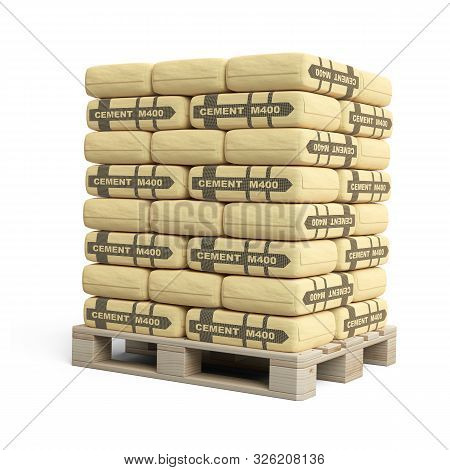 Large Paper Cement Bags In Stack On Wooden Pallet. 3d Illustration Isolated On A White.