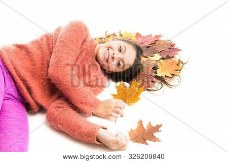 Child Enjoy Fall Season. Girl Cute Kid Long Hair Lay On White Background With Fallen Leaves. Dry Map
