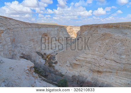 Canyon Ein Avdat In The Negev Desert Of Israel. Landscape Of Dry Riverbed In The Negev. Traveling In