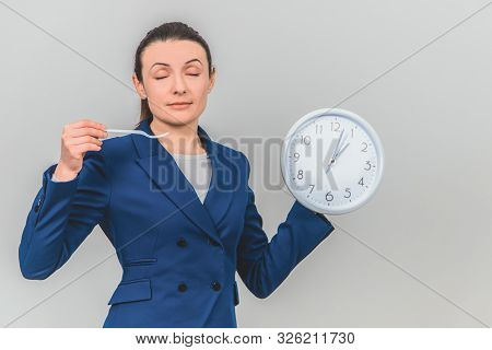 Time For Dinner Break. Lovely Teacher Holding Fork And White Clock, Dreaming About Dinner.