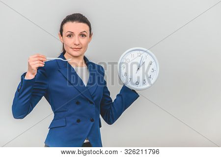 Time For Dinner Break. Lovely Teacher Holding Fork And White Clock, Dreaming About Dinner.