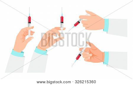 Vaccination Icons With Doctor Hand And Siringe, On White Background. Medical Care Vector Icons