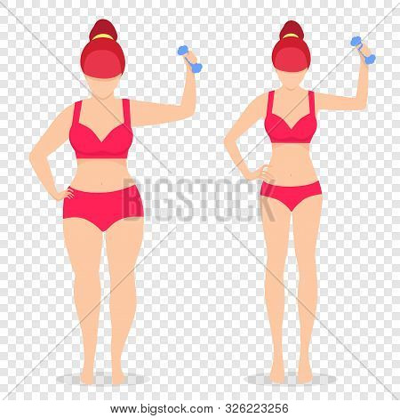 Before After Girl With Dumbbell Fat Slim Body Woman Figure Set. Isolated Transparent Background. Hea