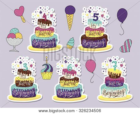 Children Birthday Anniversary Vector Illustration Set With Color Cartoon Cake And Hand Drawn Letteri