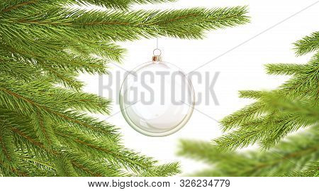Blank Glass Christmas Ball Hanging On Pine Branch Mockup, Depth Of Field, 3d Rendering. Empty Xmas T