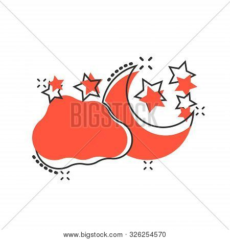 Vector Cartoon Moon And Stars With Clods Icon In Comic Style. Nighttime Concept Illustration Pictogr
