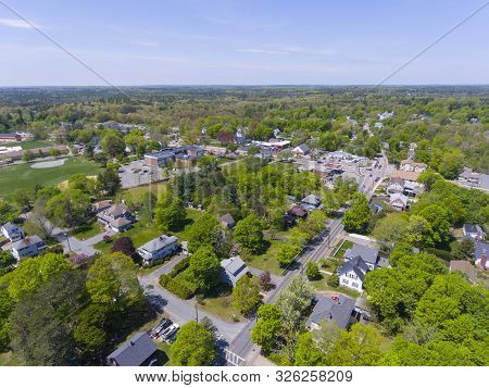 Aerial View Of Millis Historic Town Center And Main Street In Spring, Millis, Boston Metro West Area