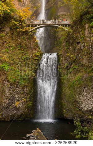 Complete View Of Both Tiers Of The Multnomah Waterfall And The Bridge Between Them Located At Multno