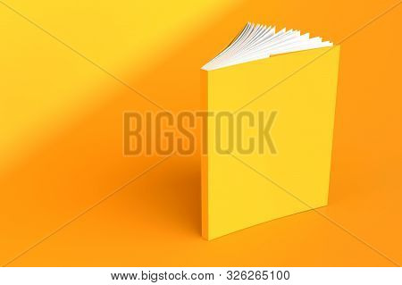 Notebook Mockup Blank Cover. Book 3d Render Illustration. Yellow Notepad With Realistic Ajar Pages. 