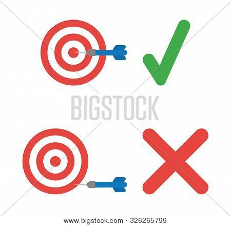 Vector Icon Set Of Bulls Eye. Hit The Target And Miss The Target With Check Mark And X Mark. Flat Co