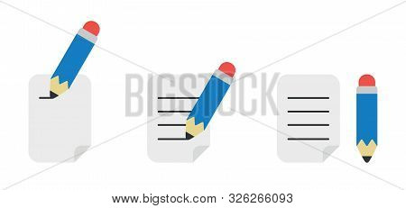 Vector Icon Set Of Pencil Writing On Paper. Flat Color Style.