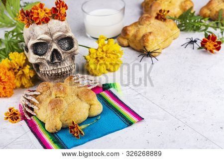 Mexican Dia De Los Muertos Day Of The Dead Background. Skull, Yellow And Orange Cempasuchil Flowers 