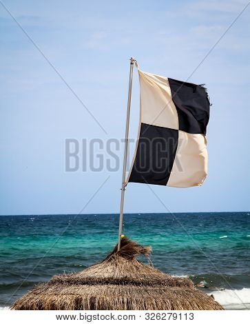 Black, White Flags On The Beach Coast Information Flags On The Sea Beach, A Flag Warns Of Jellyfish