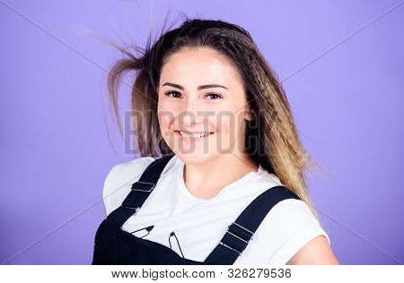 Popular Look. Trendy Crimped Hairstyles. Woman Smiling Face Posing With Stylish Hairstyle On Violet 