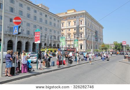 Rome Italy - June 17, 2019: Unidentified People Wait For Bus At Termini Train Station Rome Italy