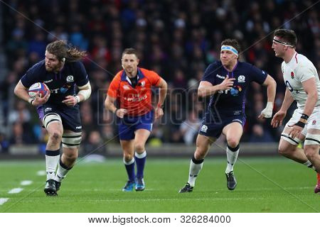 LONDON, ENGLAND - MARCH 16 2019: During the Guinness Six Nations match between England and Scotland at Twickenham Stadium.