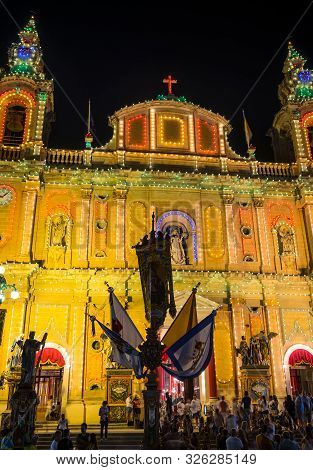 Msida Malta, July 20 2019. Msida Parish Church In Night Covered With Holiday Lights