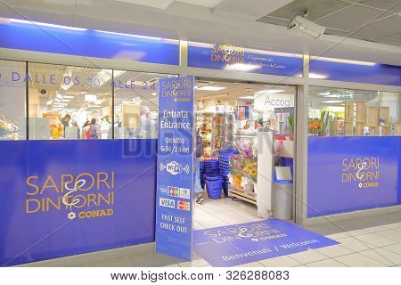 Rome Italy - June 17, 2019: Unidentified People Shop At Sarori Dintorni Conad Supermarket Rome Italy