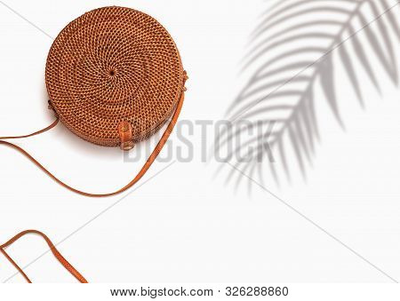 Eco Bag Of Round Shape Isolated On The White Background With Palm Shadow And Copy Space