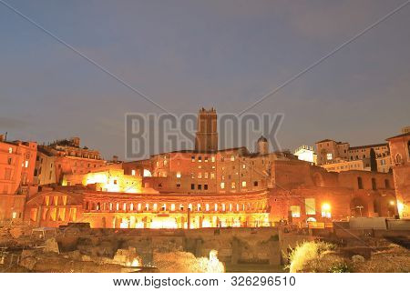 Traians Market Roman Ruin Night Cityscape Rome Italy