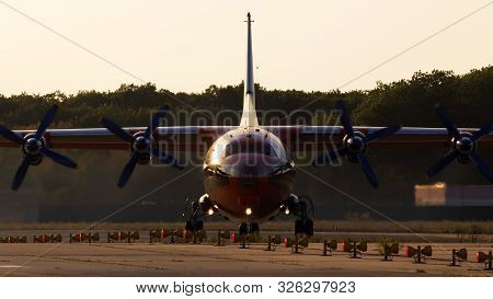 Borispol, Ukraine - September 10, 2019: Ur-csi Cavok Airlines Antonov An-12a Four-engined Turboprop 