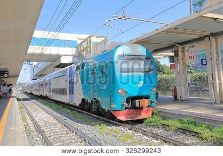 Rome Italy - June 18, 2019: Regional Train Parked At At Rome Ostiense Train Station Rome Italy