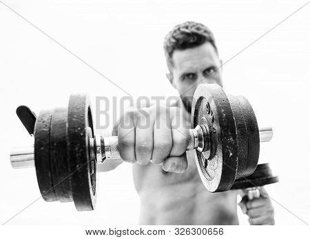 Fitness Health Diet. Athletic Body. Dumbbell Gym. Man Sportsman With Strong Ab Torso. Steroids. Musc