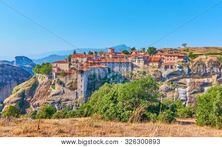 Panoramic view of The Monastery of Great Meteoron in Meteora in the morning, Greece -  Greek landscape