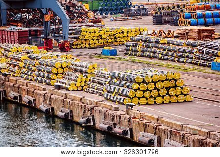 Industrial Goods And Containers With Products In The Marine Port. Sea Transportation Shipping Concep