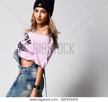 Trendy Hipster Girl Photo In Fashion Urban Outfit. Swag Street Style. Denim Ripped Jumpsuit, Pink Ov