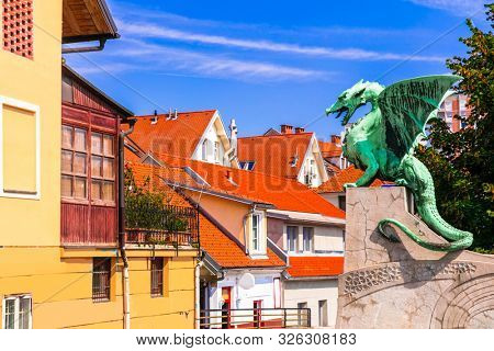 Travel and landmarks of Slovenia - beautiful Ljubljana with famos Dragon's bridge, iconic symbol of the city