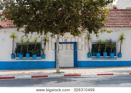 Facade of a traditional house with pot plants in the city of Asilah, Northern Morocco