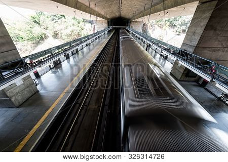Sao Paulo, Brazil - 05, October, 2019: Horizontal Picture Of Moving Train At Sumare Metro Station, L
