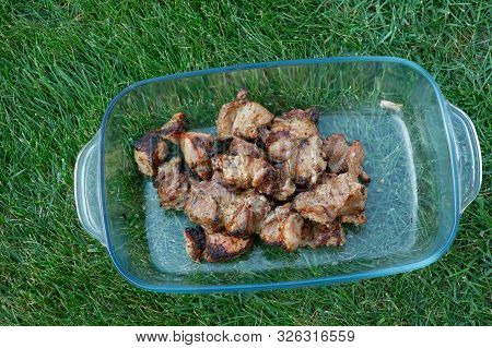 Skewers On Skewers.roasted Meat Cooked At Barbecue.bbq Fresh Beef Meat Chop Slices. Traditional East