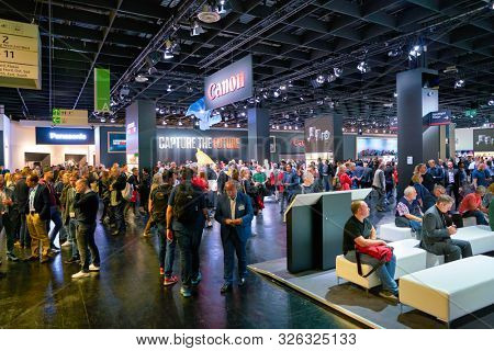 COLOGNE, GERMANY - CIRCA SEPTEMBER, 2018: Canon space at the Photokina Exhibition. Photokina is a leading trade fair for the worldwide photo industry.
