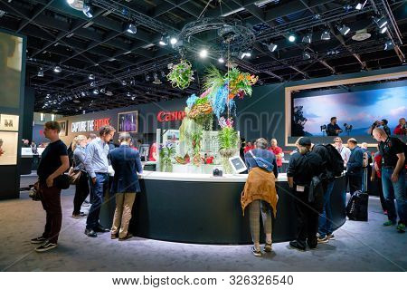 COLOGNE, GERMANY - CIRCA SEPTEMBER, 2018: Canon space at the Photokina Exhibition. Photokina is a leading trade fair for the worldwide photo industry.