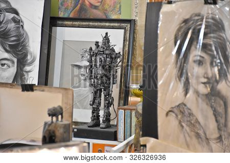 Bangkok, Thailand 08.23.2019: An Amazing, Extremely Detailed Mini Robot Mock-up, Model Surrounded By