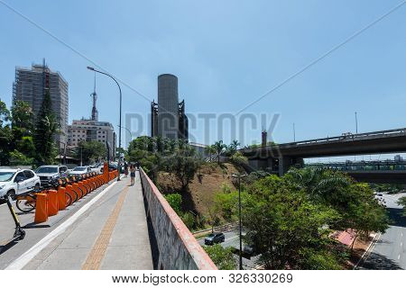 Sao Paulo, Brazil - 05, October, 2019: Wide Angle Picture Of A Public Street Close To Sumare Metro S