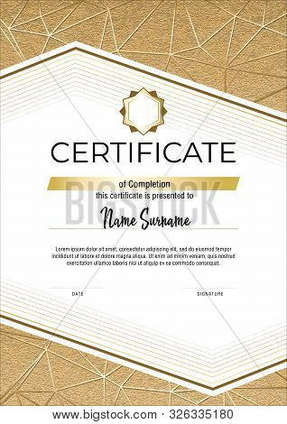 Certificate With Metallic Gold Lines On Mate Gold Background. Modern Fashion Vertical Certificate Te