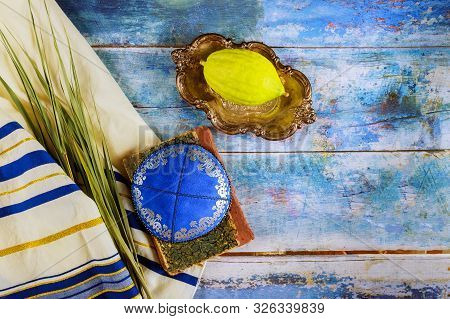 Sukkot Jewish Festival Of Traditional Religious Symbol Etrog, Lulav, Hadas, Arava Kippah Tallit Pray