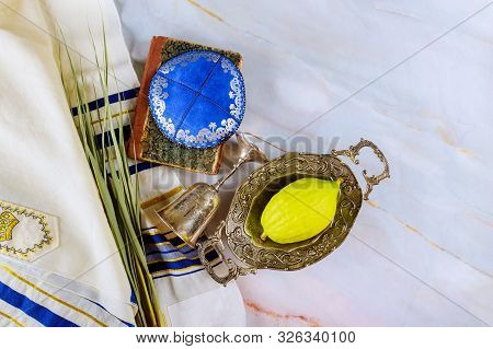 Traditional Symbols Jewish Festival Of Sukkot Etrog, Lulav, Hadas, Arava Praying Book Kippah Tallit 